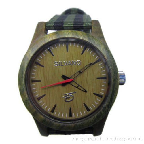Big Face Crafted Watch with Natural Green Sandalwood, Canvas Band, Handmade wooden case